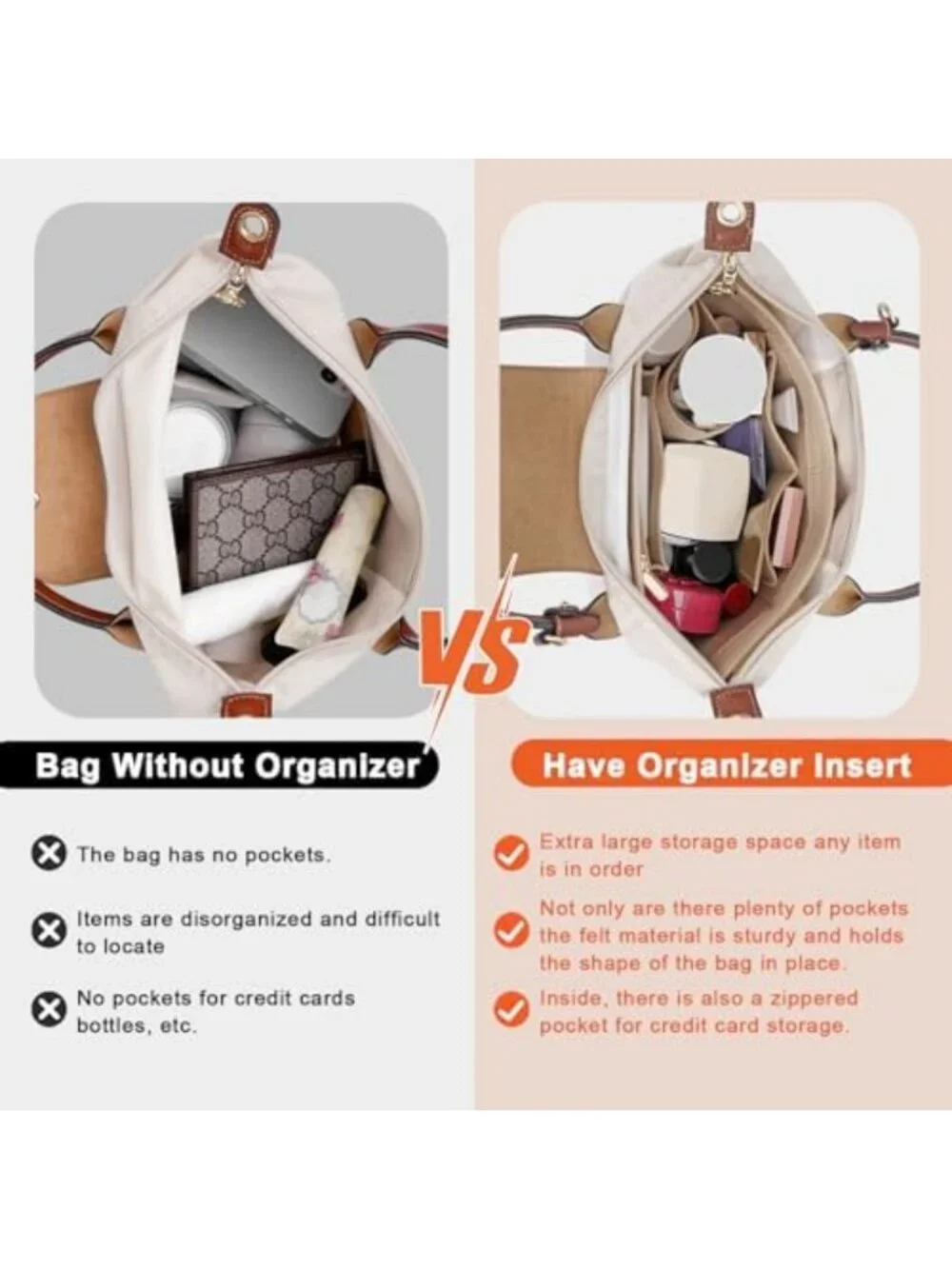 Felt Purse Organizer Insert for Long Handbags - Small Beige Storage Solution